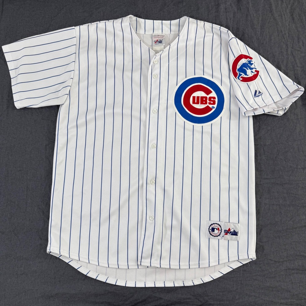 Majestic Chicago Cubs Baseball Jersey L White Vintage Pinstripe MLB Button Up